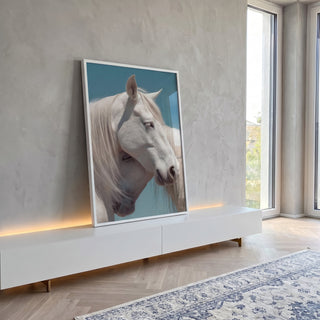 Quadro Decorativo Cavalos Brancos Elegantes em ambiente decorado - quadros decorativos para sala