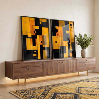 Quadro Decorativo Geométrico Preto e Amarelo em ambiente decorado - quadros decorativos para sala