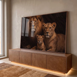 Majestade em Quadro Decorativo de Leões em ambiente decorado - quadros decorativos para sala