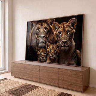 Quadro Decorativo Magnífica Família de Leões em ambiente decorado - quadros decorativos para sala