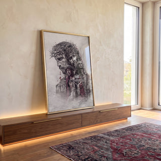 Quadro Decorativo: Visão Inspiradora de Jesus na Cruz em ambiente decorado - quadros decorativos para sala
