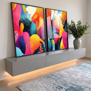 Quadro Decorativo Abstrato Vibrante: Paisagens que Encantam em ambiente decorado - quadros decorativos para sala