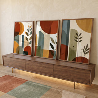 Quadro Decorativo Abstrato Tripartido Vibrante em ambiente decorado - quadros decorativos para sala