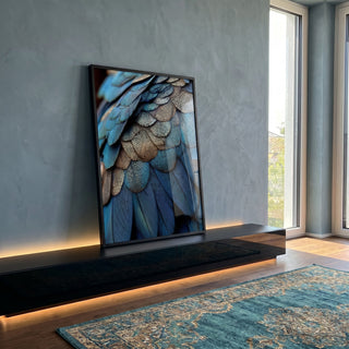 Quadro Decorativo Penas Azuis Elegantes em ambiente decorado - quadros decorativos para sala