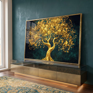 Quadro Decorativo Árvore da Vida Dourada em ambiente decorado - quadros decorativos para sala