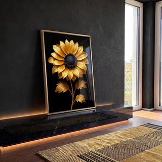 Quadro Decorativo Girassol Dourado Elegante em ambiente decorado - quadros decorativos para sala