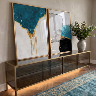 Quadro Decorativo: Luxo em Abstrato Azul e Ouro em ambiente decorado - quadros decorativos para sala