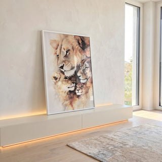 Quadro Decorativo Elegante: Casal de Leões com Dois Filhotes em ambiente decorado - quadros decorativos para sala