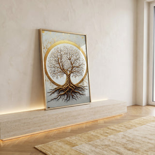 Quadro Decorativo Árvore da Vida Dourada em ambiente decorado - quadros decorativos para sala