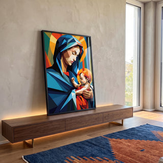 Quadro Decorativo Geométrico Maria e Jesus - Elegância e Sofisticação para Sua Decoração em ambiente decorado - quadros decorativos para sala