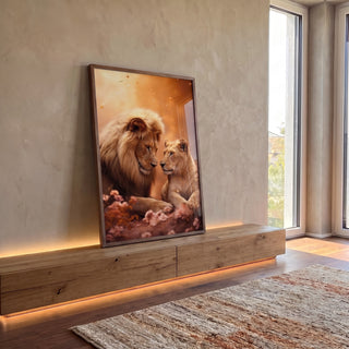 Quadro Decorativo Casal de Leões - Arte Sofisticada para sua Casa em ambiente decorado - quadros decorativos para sala