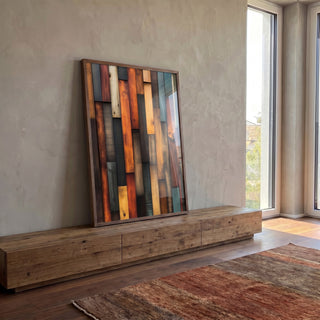 Quadro Decorativo Abstrato em Madeira em ambiente decorado - quadros decorativos para sala