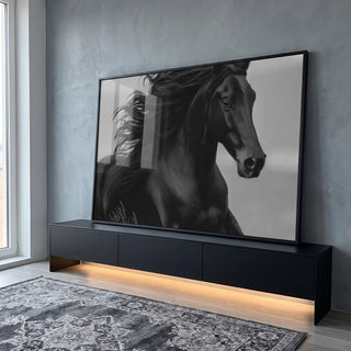 Quadro Decorativo Cavalo Negro em Movimento em ambiente decorado - quadros decorativos para sala