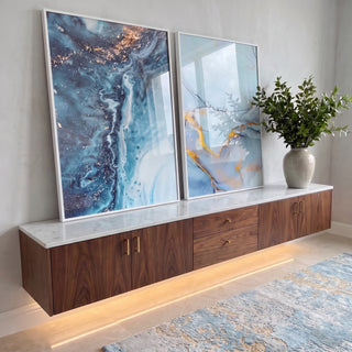 Quadro Decorativo Revela Sua Essência: Harmonia Azul e Amarelo em ambiente decorado - quadros decorativos para sala