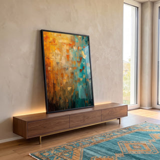 Quadro Decorativo Laranja e Verde Sofisticado em ambiente decorado - quadros decorativos para sala