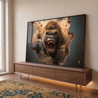 Quadro Decorativo Impactante Ira do Gorila Quebrando a Parede em ambiente decorado - quadros decorativos para sala