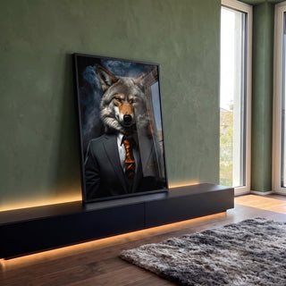 Quadro Decorativo Lobo Empresário - Sofisticação e Estilo para Sua Casa em ambiente decorado - quadros decorativos para sala
