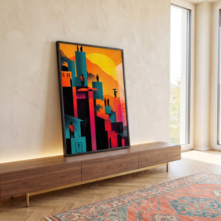 Quadro Decorativo Cidade ao Pôr do Sol Vibrante em ambiente decorado - quadros decorativos para sala