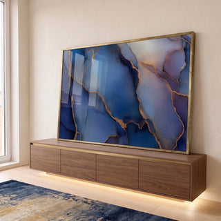 Quadro Decorativo Abstrato Azul Dourado em ambiente decorado - quadros decorativos para sala