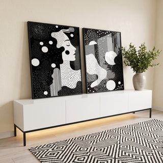 Quadro Decorativo Abstrato em Preto e Branco - Silhueta Feminina de Elegância em ambiente decorado - quadros decorativos para sala