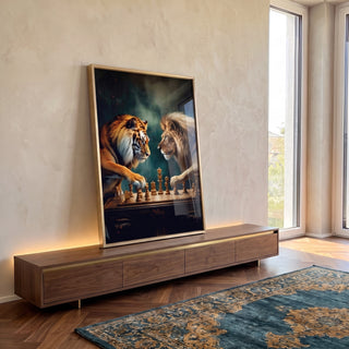 Quadro Decorativo: Majestade Entre Leões e Tigres em Xadrez em ambiente decorado - quadros decorativos para sala
