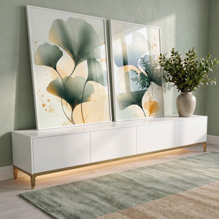 Quadro Decorativo Harmonia Natural Moderno com Folhas Verdes em ambiente decorado - quadros decorativos para sala
