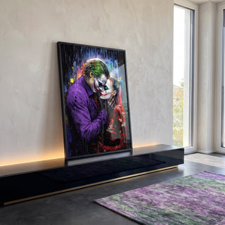 Quadro Decorativo Coringa e Alerquina na Chuva - Estilo e Cor para Sua Casa em ambiente decorado - quadros decorativos para sala