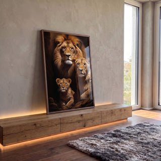 Quadro Decorativo Família de Leão com Filhote - Elegância e Sofisticação para sua Casa em ambiente decorado - quadros decorativos para sala