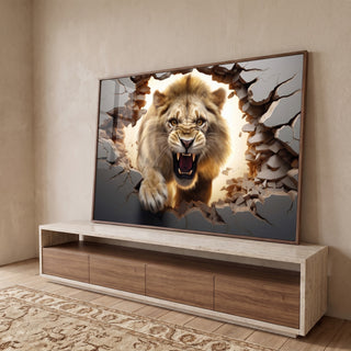Quadro Decorativo Premium: Leão Quebrando Parede em Aura Dourada em ambiente decorado - quadros decorativos para sala