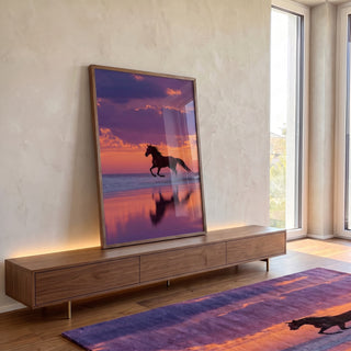 Cavalos ao Entardecer em ambiente decorado - quadros decorativos para sala