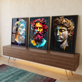 Quadro Decorativo Essência Clássica: Bustos Gregos Coloridos em ambiente decorado - quadros decorativos para sala