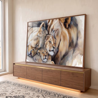 Quadro Decorativo Leões Amor e Proteção em ambiente decorado - quadros decorativos para sala