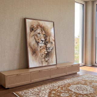 Quadro Decorativo Casal de Leões com Filhotes em ambiente decorado - quadros decorativos para sala