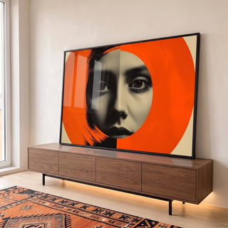 Quadro Decorativo Mulher Abstrato com Círculo Laranja em ambiente decorado - quadros decorativos para sala