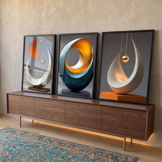 Conjunto Abstrato de Quadros Fluídos - Movimento e Elegância em 3 Peças em ambiente decorado - quadros decorativos para sala