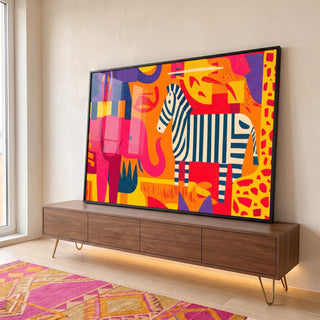 Quadro Decorativo Animais Estilizados Vibrantes em ambiente decorado - quadros decorativos para sala