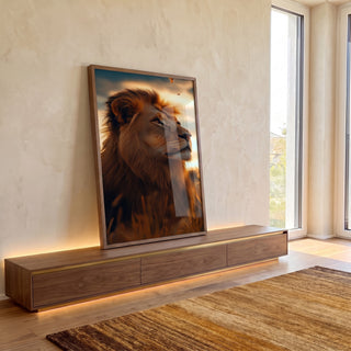 Quadro Decorativo O olhar Profundo do Leão em ambiente decorado - quadros decorativos para sala