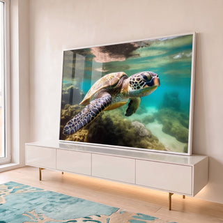 Quadro Decorativo Tartaruga Marinha: Beleza Subaquática em ambiente decorado - quadros decorativos para sala