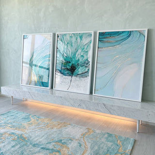 Quadro Decorativo: Abstração Azul e Dourado - Elegância Única em ambiente decorado - quadros decorativos para sala
