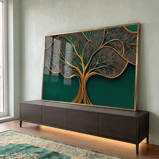 Quadro Decorativo - Árvore Dourada Elegante em ambiente decorado - quadros decorativos para sala
