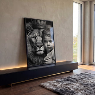 Quadro Decorativo Elegante Leão com Menino - Arte em Canvas Premium em ambiente decorado - quadros decorativos para sala