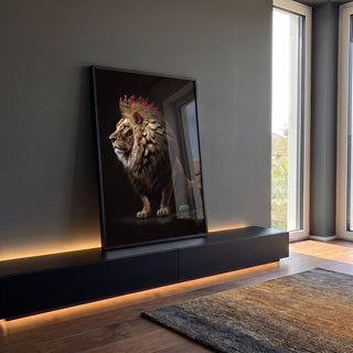 Quadro Decorativo Majestoso Leão com Coroa - Estilo e Sofisticação para sua Decoração em ambiente decorado - quadros decorativos para sala