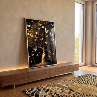 Quadro Decorativo Árvore Elegante em Dourado em ambiente decorado - quadros decorativos para sala