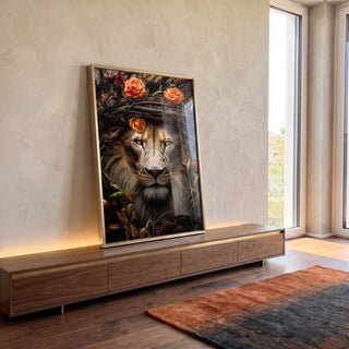 Quadro Decorativo Leão Real com Coroa e Flores em ambiente decorado - quadros decorativos para sala