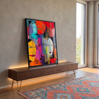 Quadro Decorativo Rostos em Cores em ambiente decorado - quadros decorativos para sala