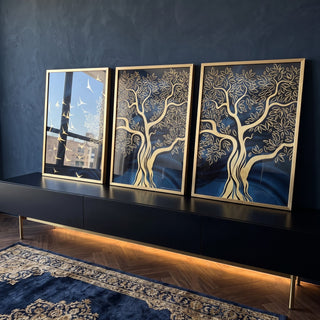 Quadro Decorativo Árvore Dourada: Inspiração e Harmonia em ambiente decorado - quadros decorativos para sala