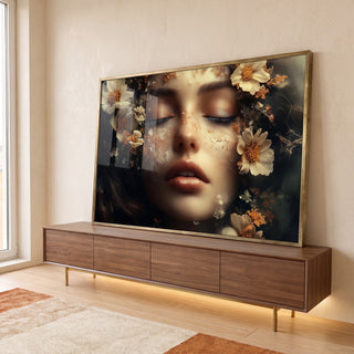 Quadro Decorativo A Beleza da Mulher sobre as Flores em ambiente decorado - quadros decorativos para sala