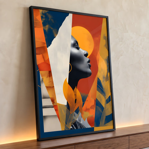 Mulher negra de perfil em colagem laranja com sol amarelo, faixas azuis e folhas douradas, quadro decorativo
