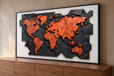 Mapa-múndi em relevo 3D com continentes laranja facetados sobre fundo grafite geométrico, quadro decorativo