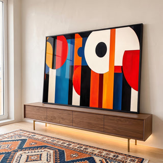 Quadro Decorativo Abstrato Geometria Vibrante em Cores Primárias em ambiente decorado - quadros decorativos para sala
